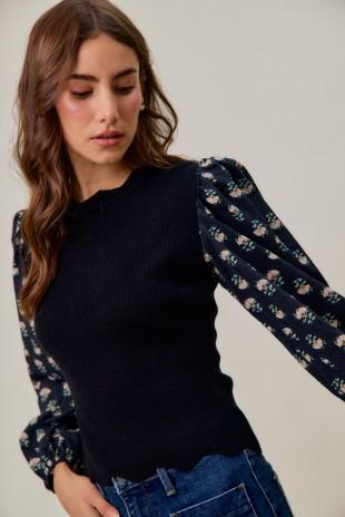 Scalloped Sweater Knit Top with Floral Sleeves