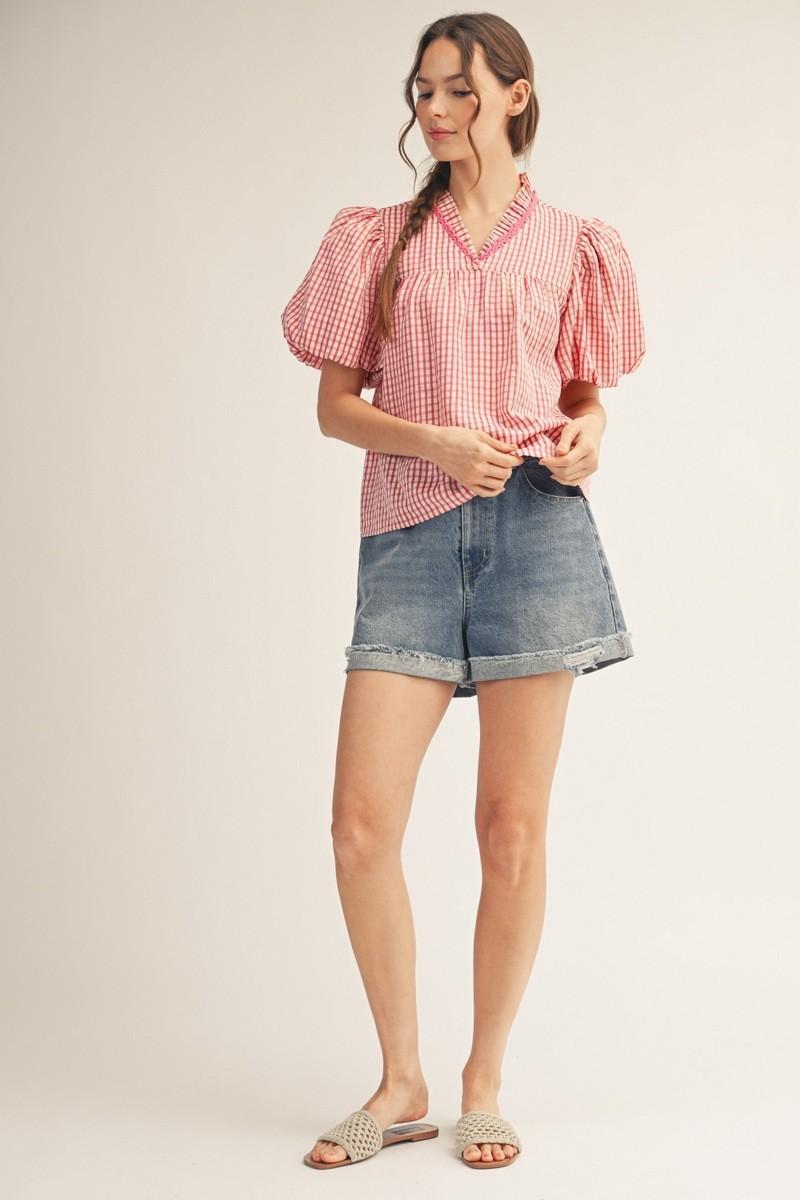 Pleated Ruffle Neckline Gingham Check Top