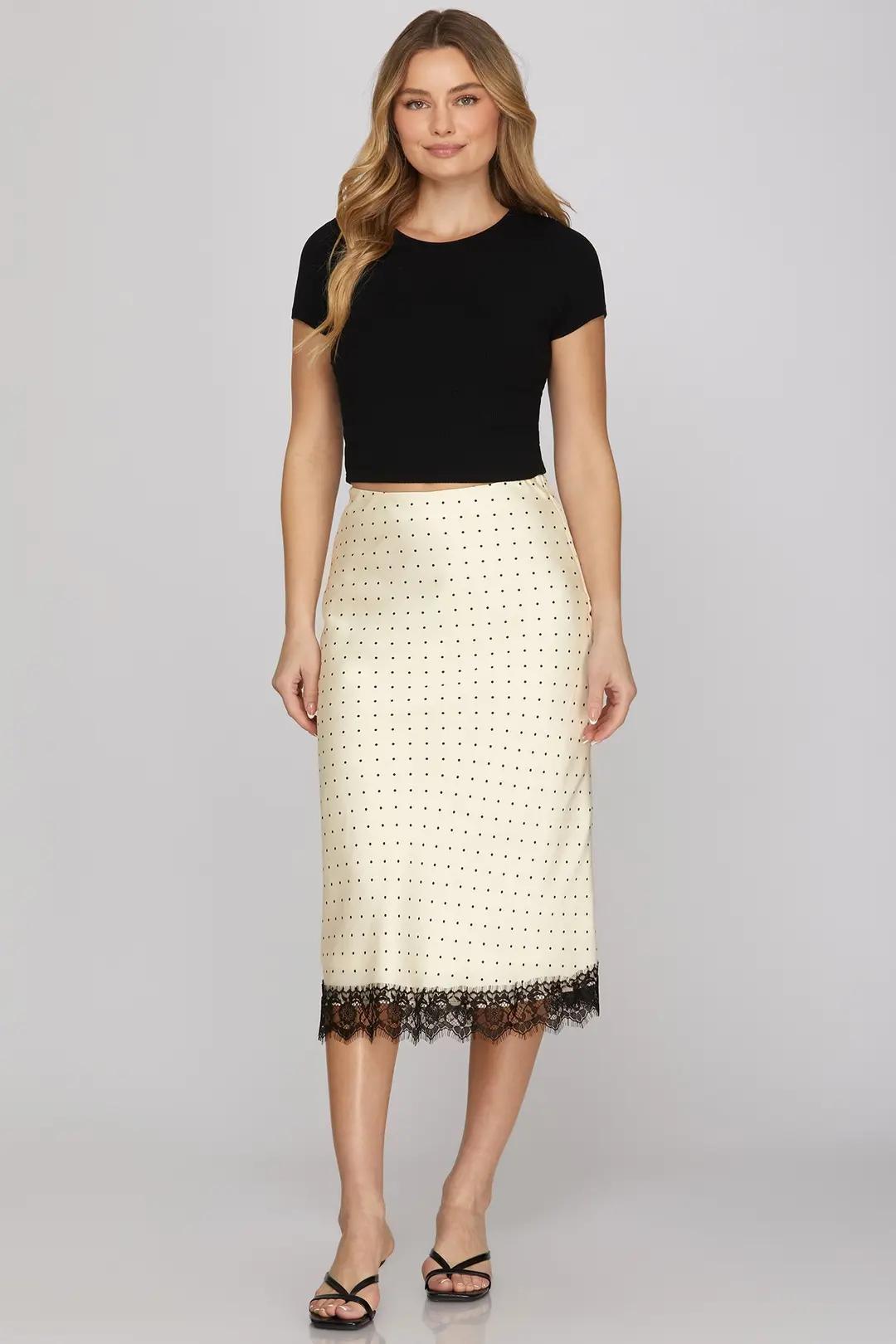 Lace Hem Woven Polka Dot Print Midi Skirt
