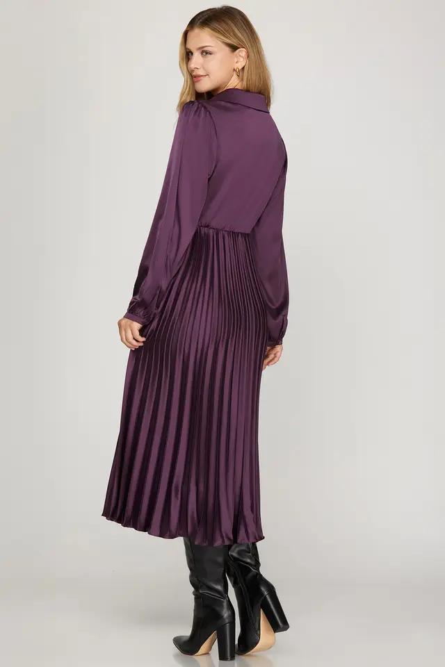 Surplice Long Sleeve Woven Satin Pleated Midi Dress