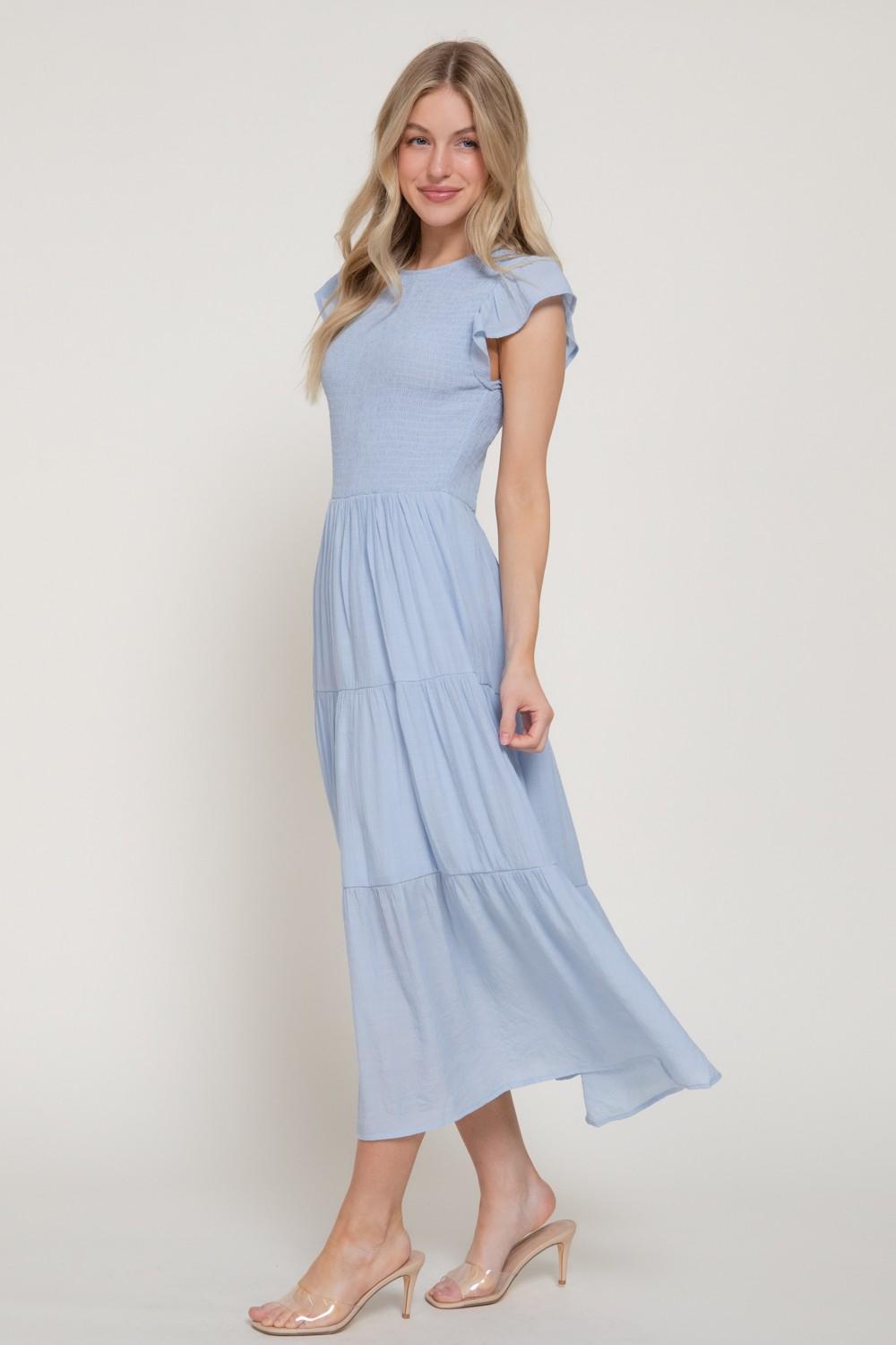 Ruffle Slv Smocked Solid Tired Dress