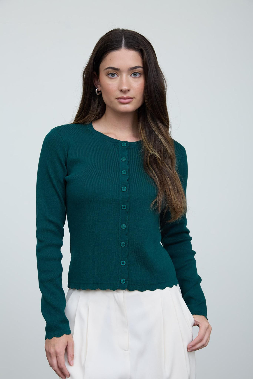 Scalloped Button Detail Long Sleeve Knit Cardigan