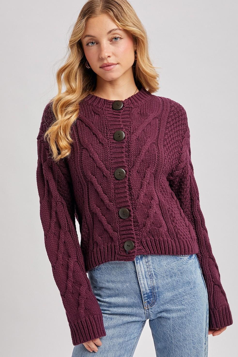 Cropped Button Front Cable Knit Sweater Cardigan