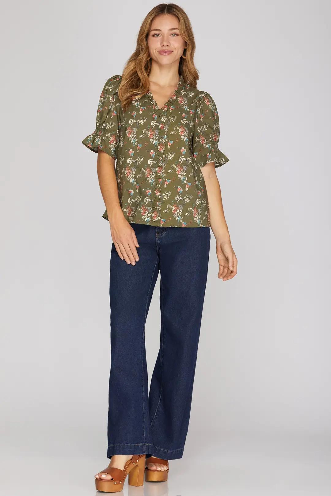 Short Sleeve Ruffled Neck Printed Top