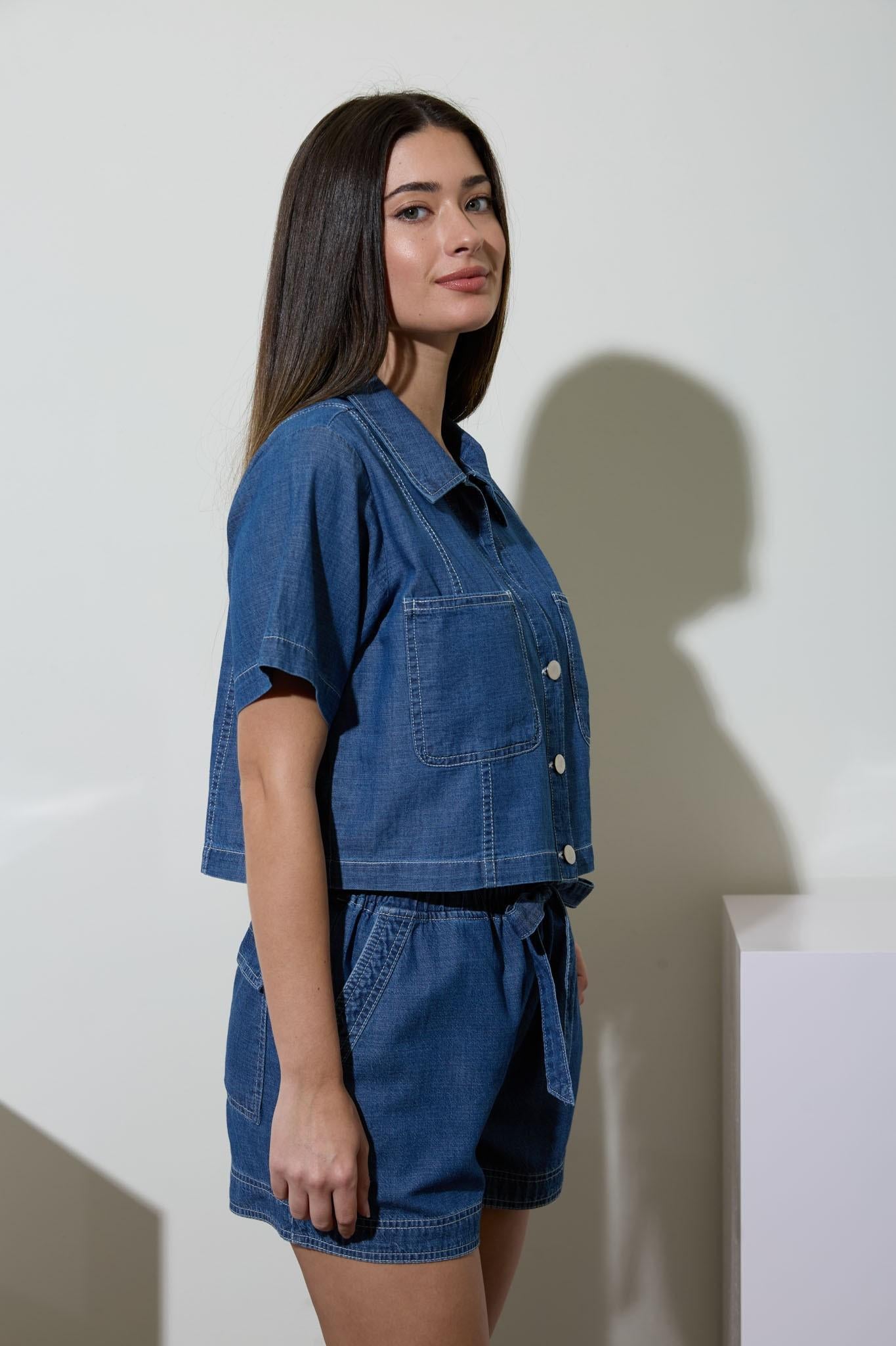 Collared Button Down Short Sleeve Boxy Denim Top