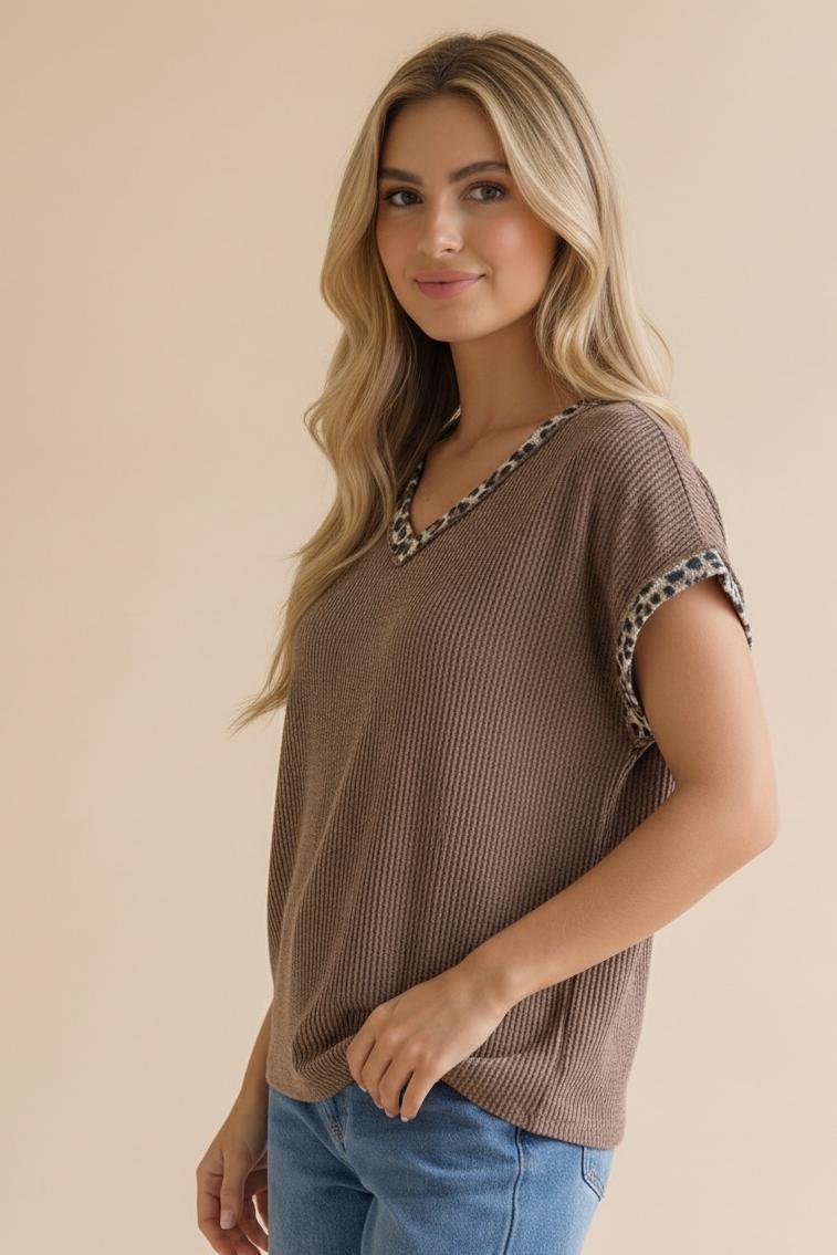 Leopard Color Block Wave Rib Knit Top