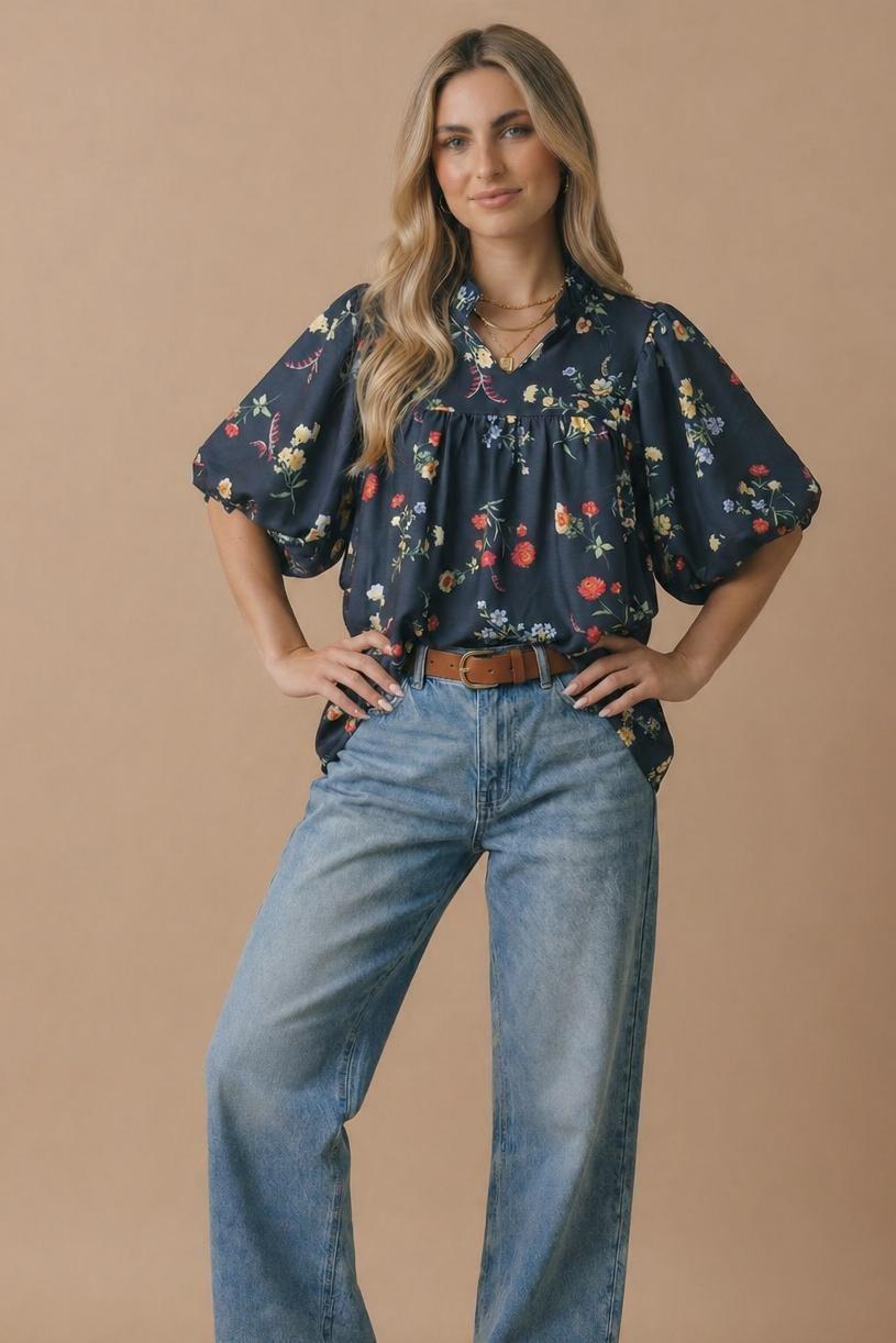 Notch Neck Floral Empire Waist Woven Top