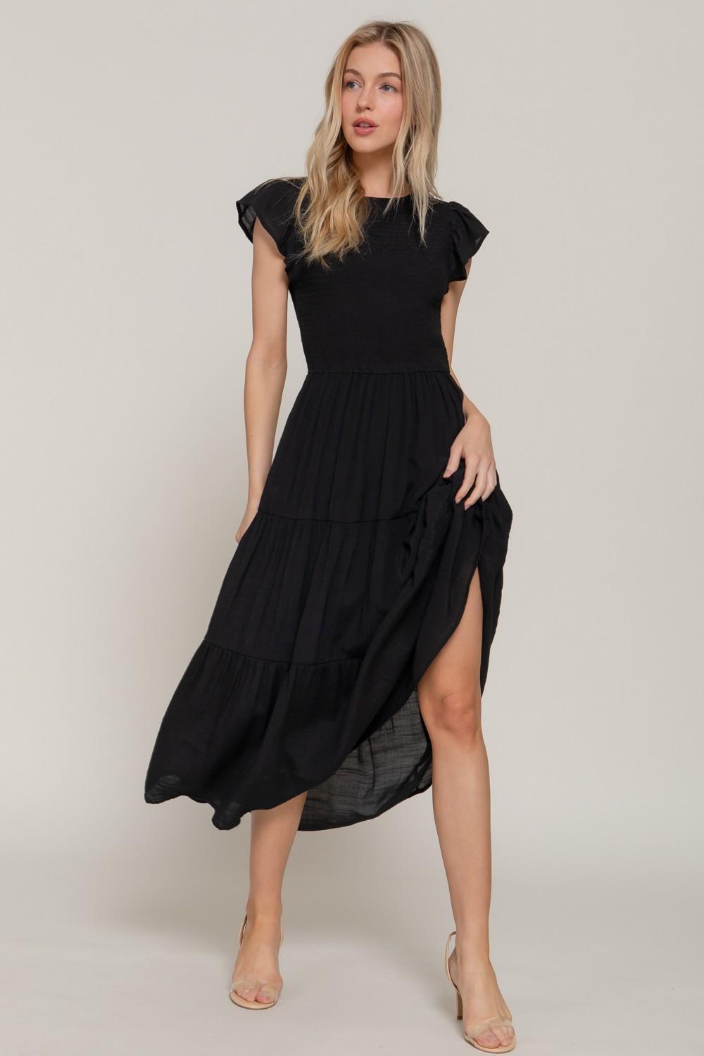 Ruffle Slv Smocked Solid Tired Dress