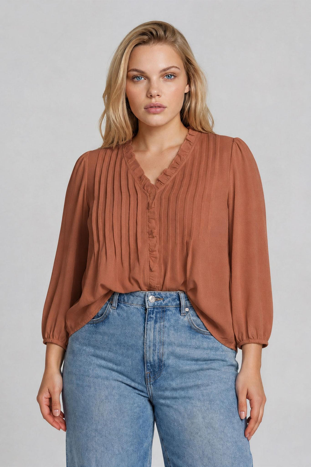 Plus Size 3/4 Sleeve Ruffle Trim Pintuck Detail Blouse