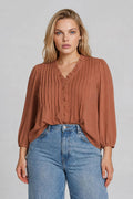 Plus Size 3/4 Sleeve Ruffle Trim Pintuck Detail Blouse
