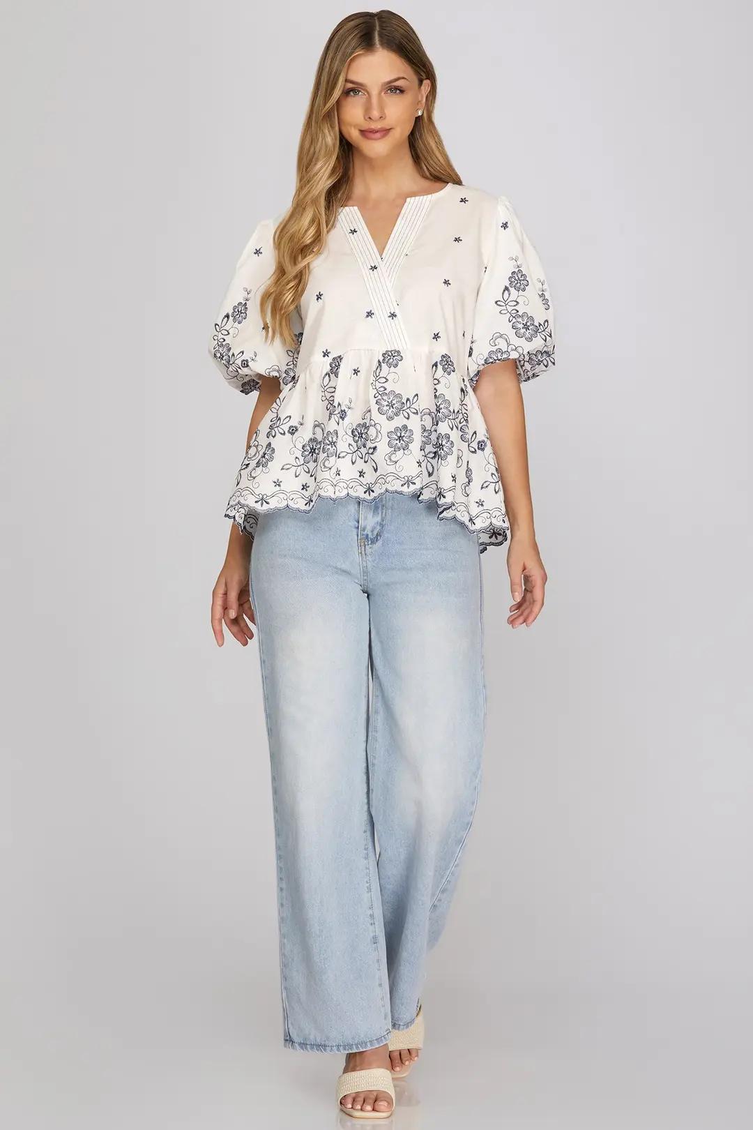 Puff Sleeve Woven Embroidery Scallop Hem Top