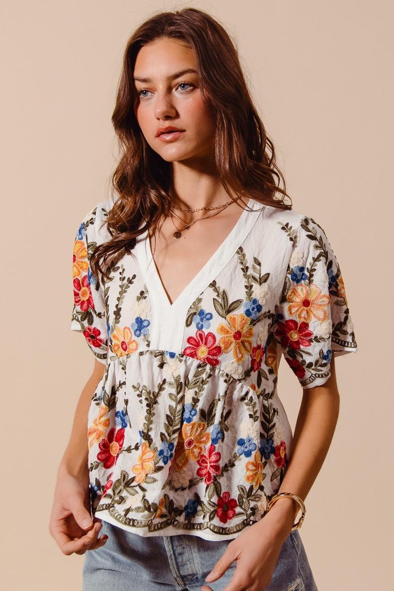 Floral Embroidered Baby Doll Blouse Top
