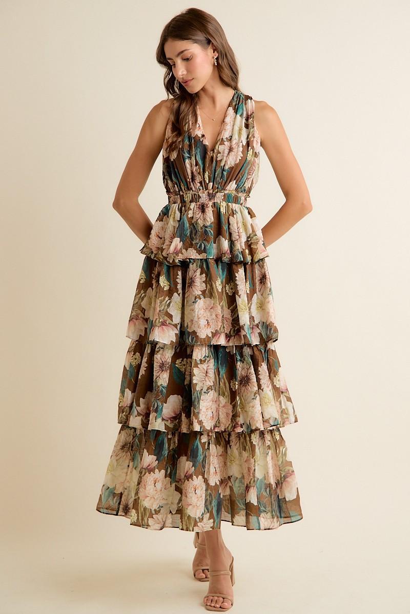 Floral Textured Tiered Maxi Lined Sleeveless Dress Brown