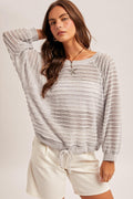Raglan Sleeve Waist String Detail Textured Top