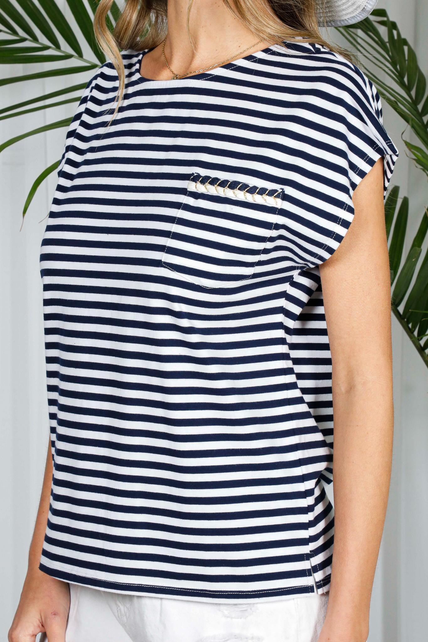 Pocket With Trim Detail Striped Top