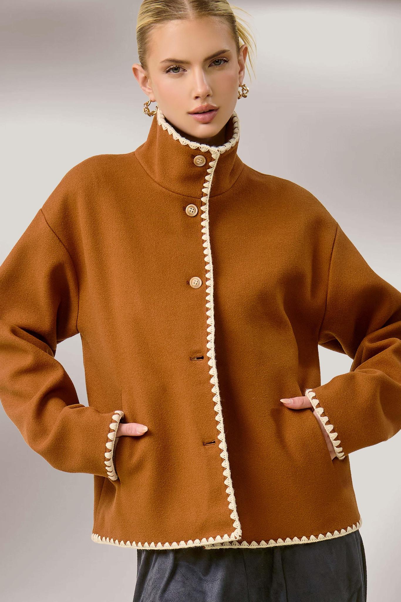 Convertible Collar Felt Jacket with Blanket Stitch