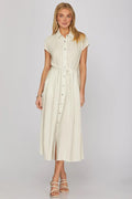 Drop Sleeve Woven Stripe Button Down Midi Dress with Waist Tie and Pockets
