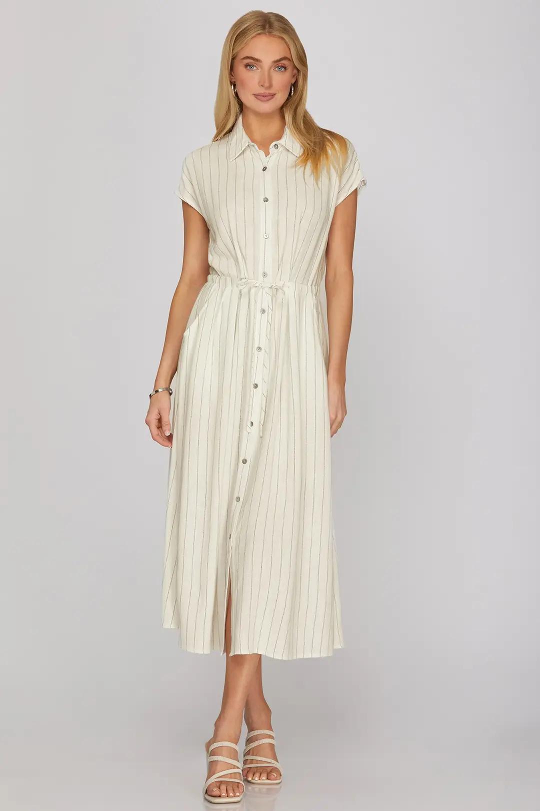 Drop Sleeve Woven Stripe Button Down Midi Dress with Waist Tie and Pockets