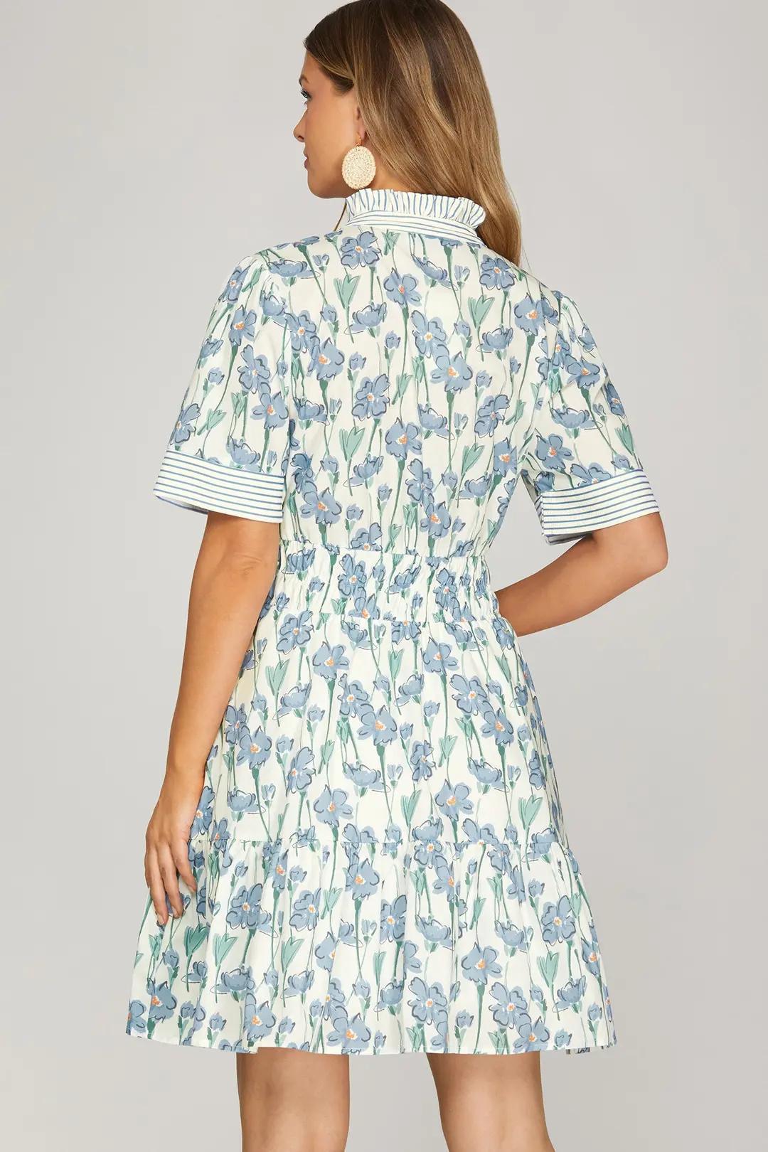 Half Sleeve Contrast Ruffle Neck Floral Print Woven Mini Dress