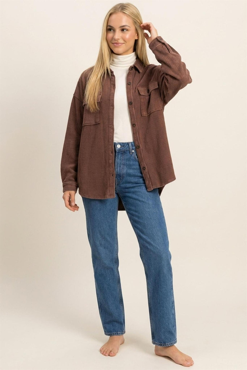 Mineral Wash Waffle Knit Button-Up Shacket