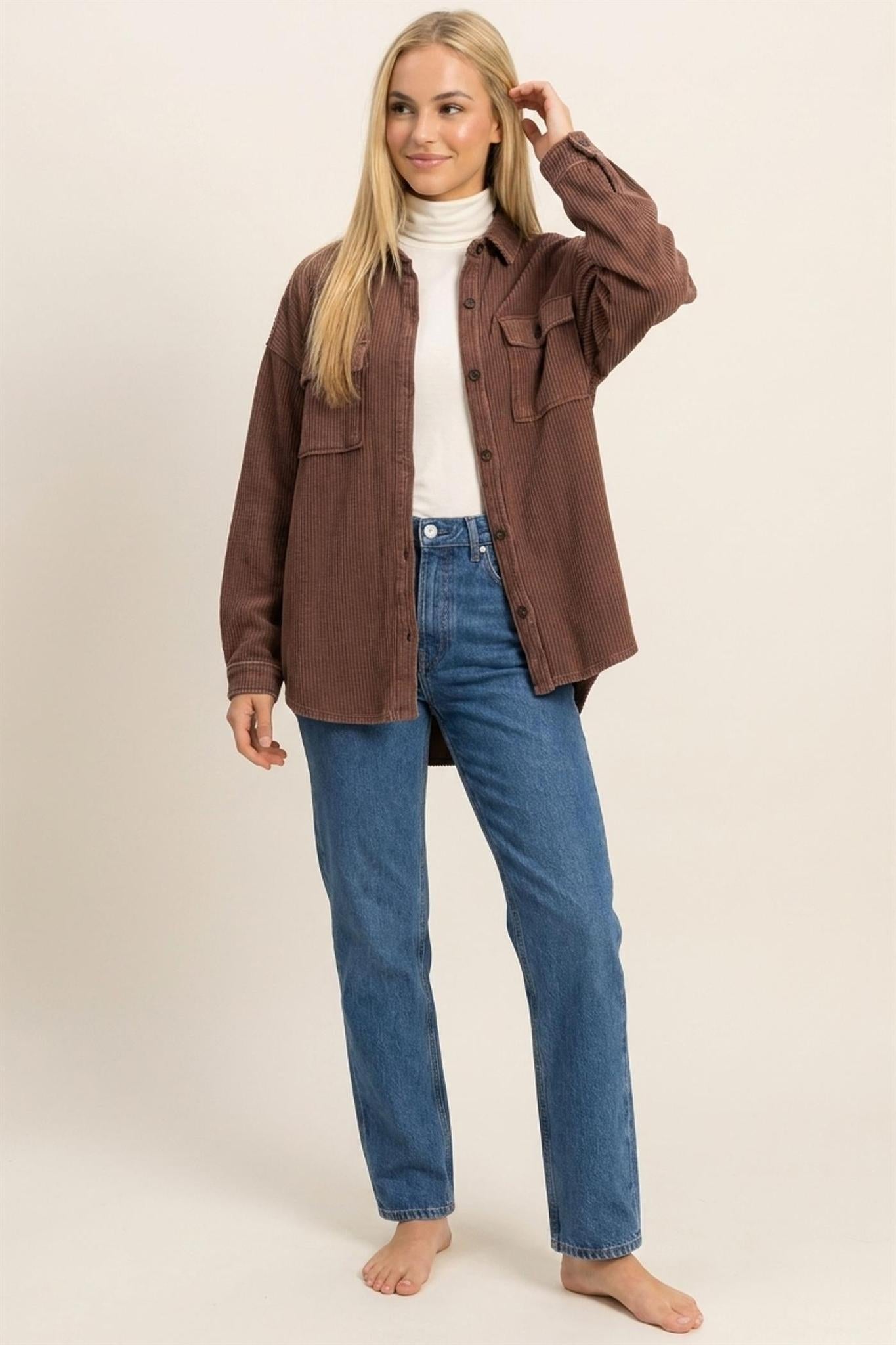 Mineral Wash Waffle Knit Button-Up Shacket