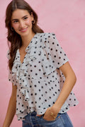 Polka Dot Ruffled Short Sleeves Lined Blouse Top