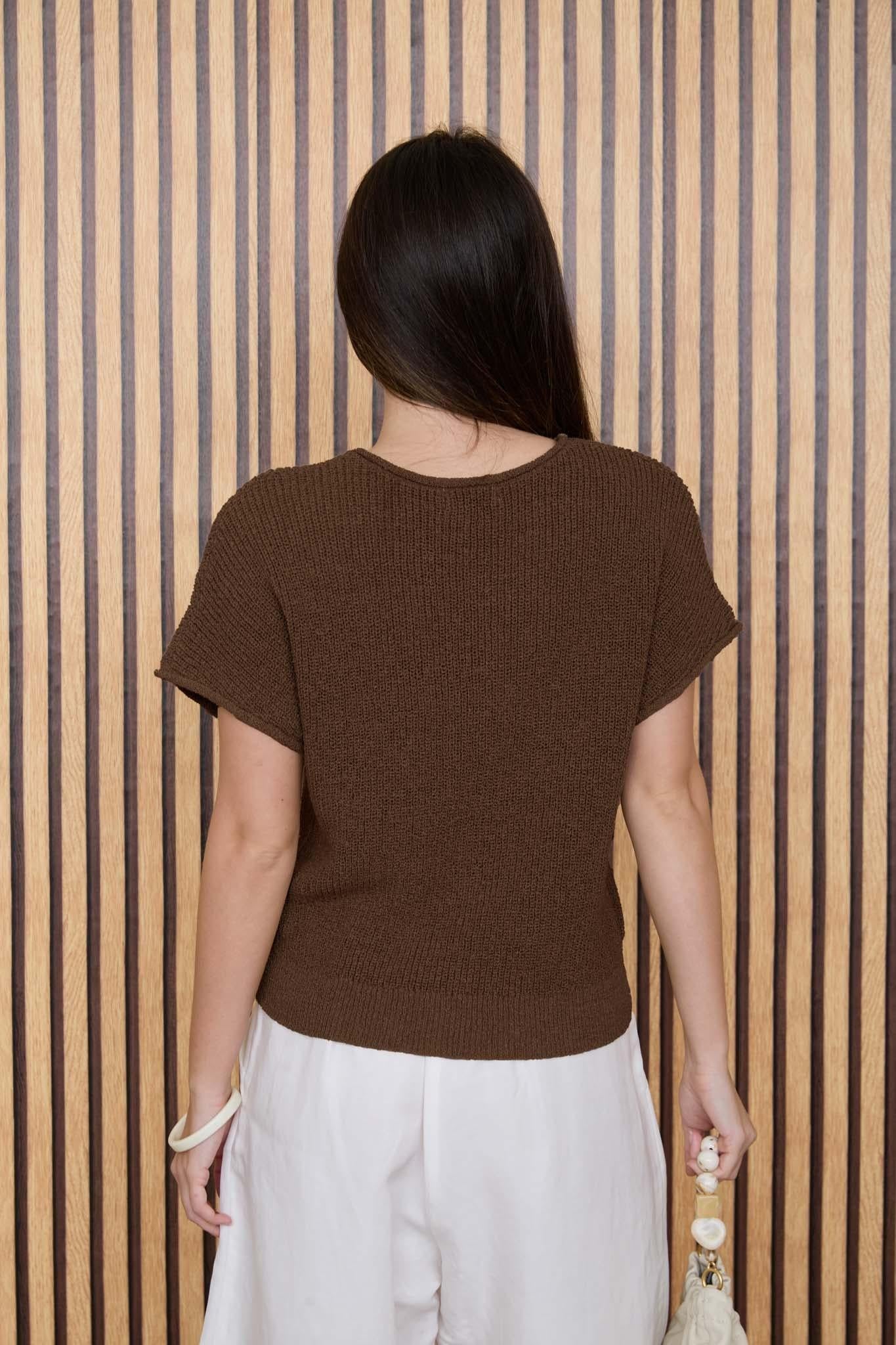 V Stitch Detail Short Sleeve Knit Pullover Sweater
