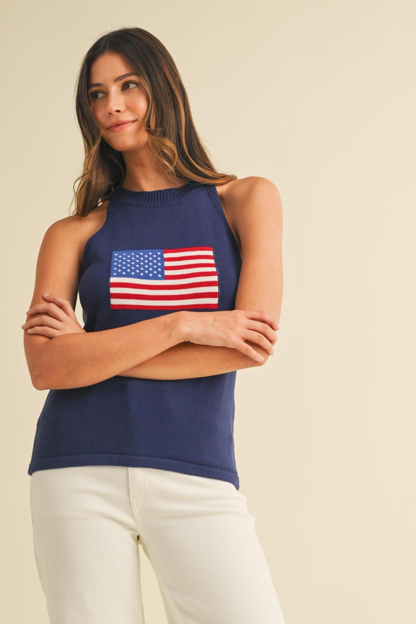 American Flag Halter Neck Sweater Top