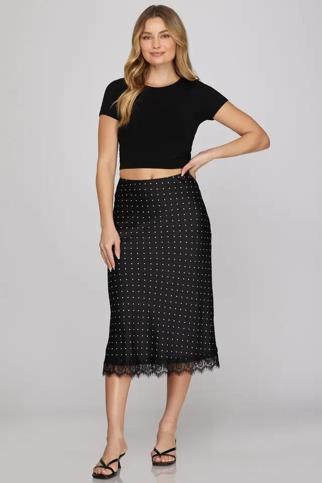 Lace Hem Woven Polka Dot Print Midi Skirt