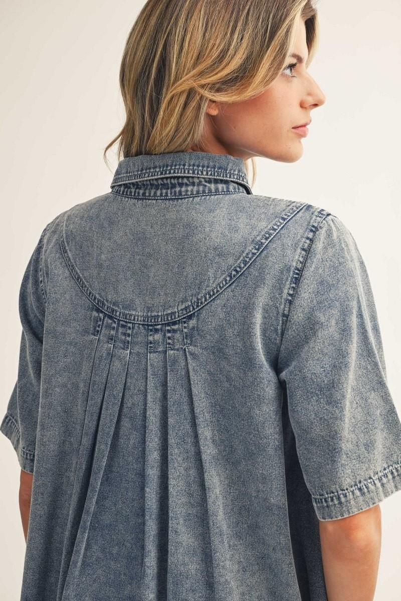 Back Pleat Detail Washed Denim Casual Dress