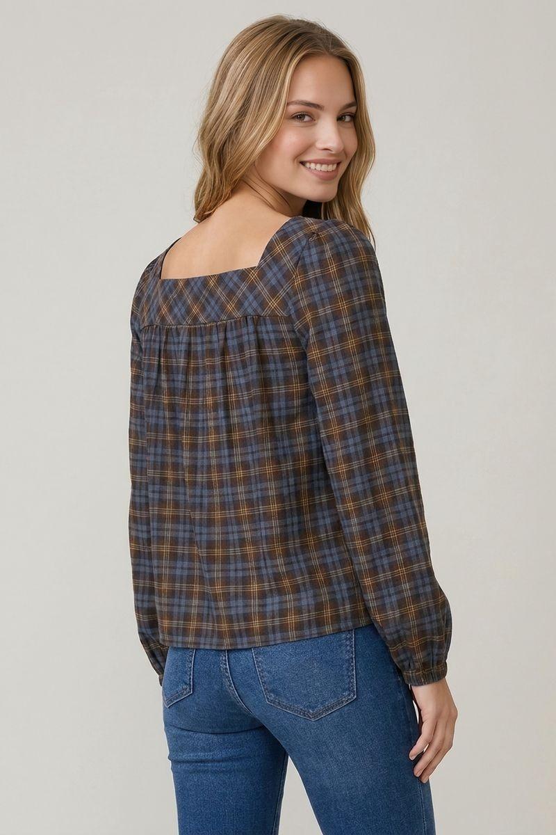 Plaid Square Neck Button-Front Long Sleeve Blouse