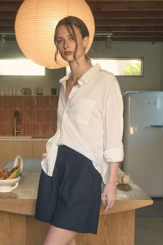 Pinstripe Collared Long Sleeve Button Down Shirt