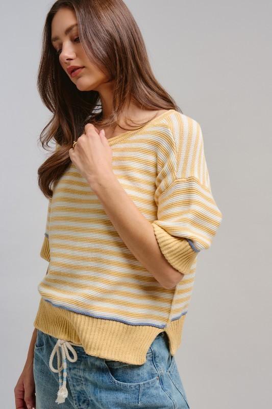 Stripe Raw Edge Detail Contrast Trim Sweater
