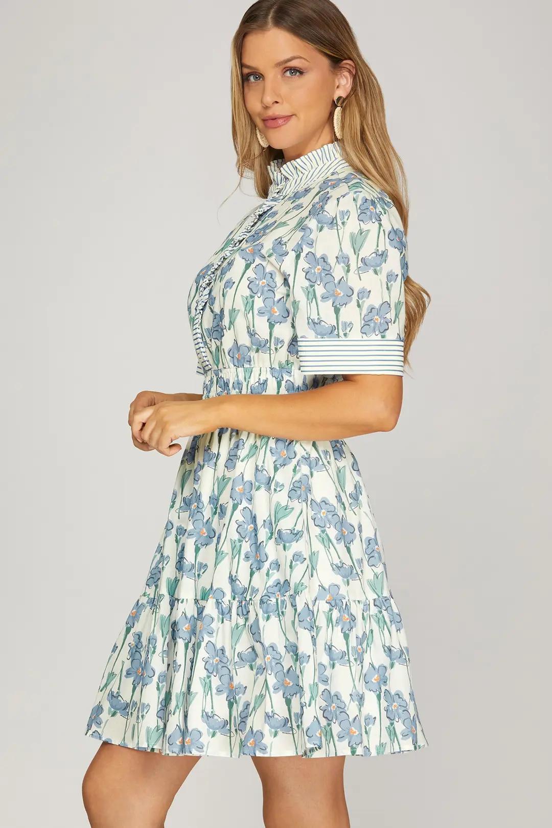 Half Sleeve Contrast Ruffle Neck Floral Print Woven Mini Dress