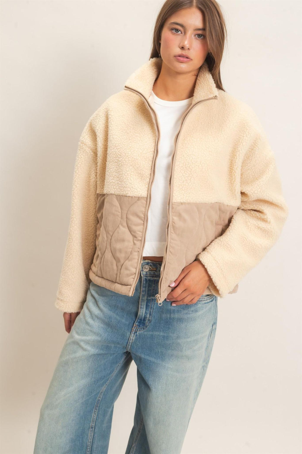 Quilted Sherpa Zip-Up Jacket