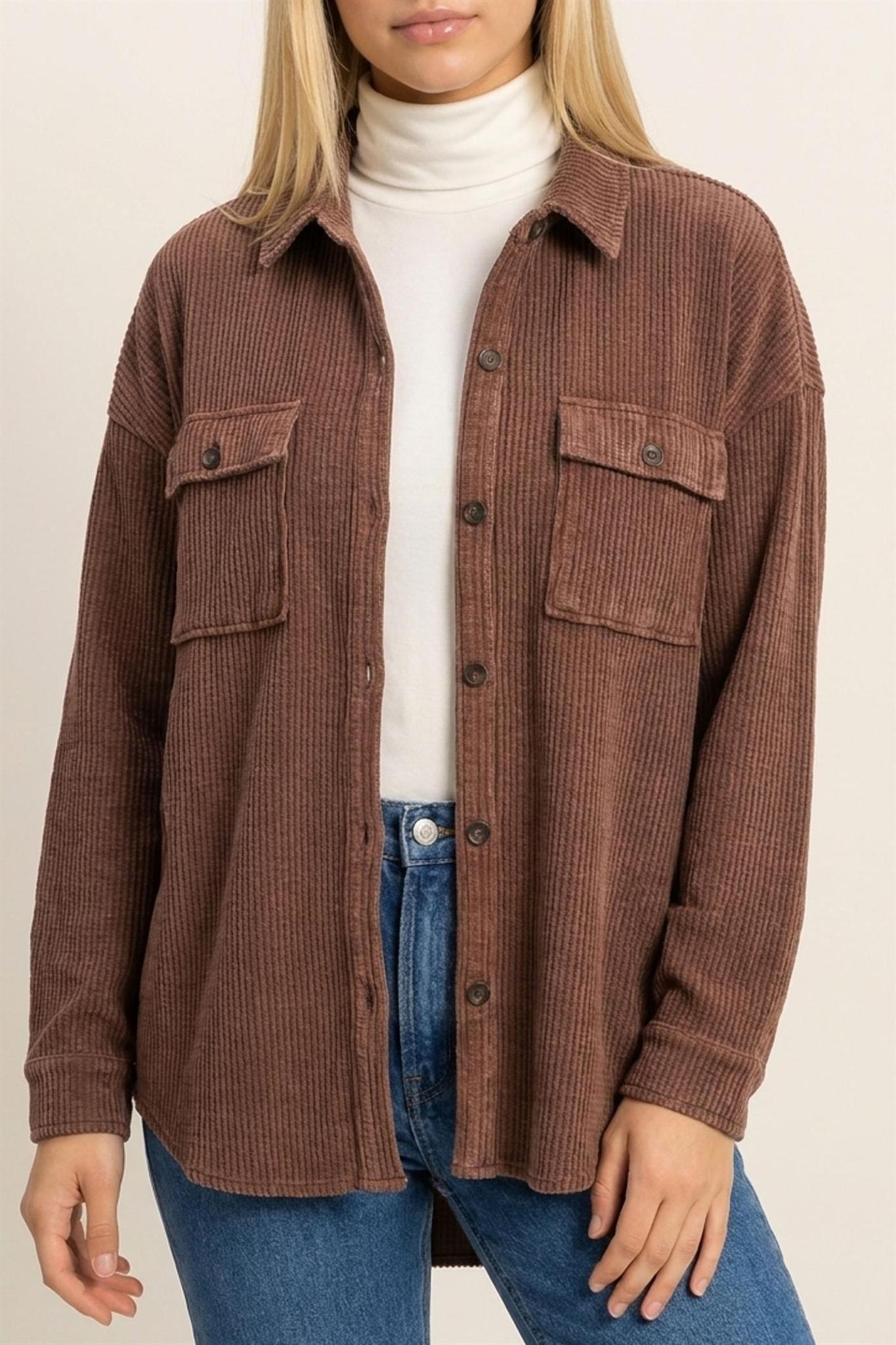 Mineral Wash Waffle Knit Button-Up Shacket