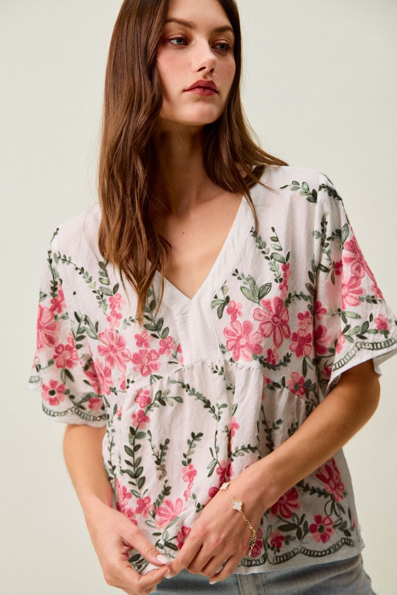 Floral Embroidered Baby Doll Blouse Top