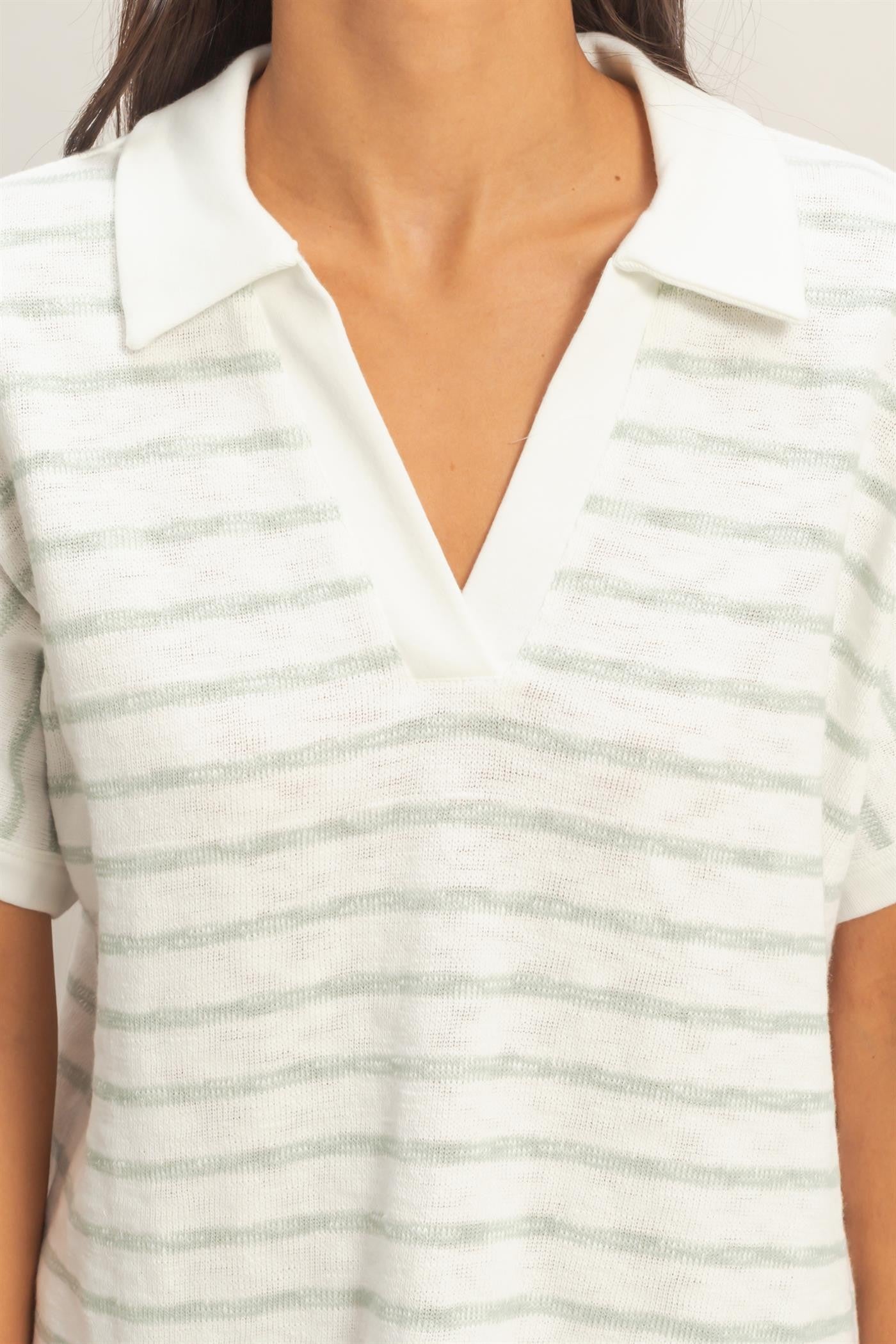 Striped Dolman Sleeve V-neck Collared Top