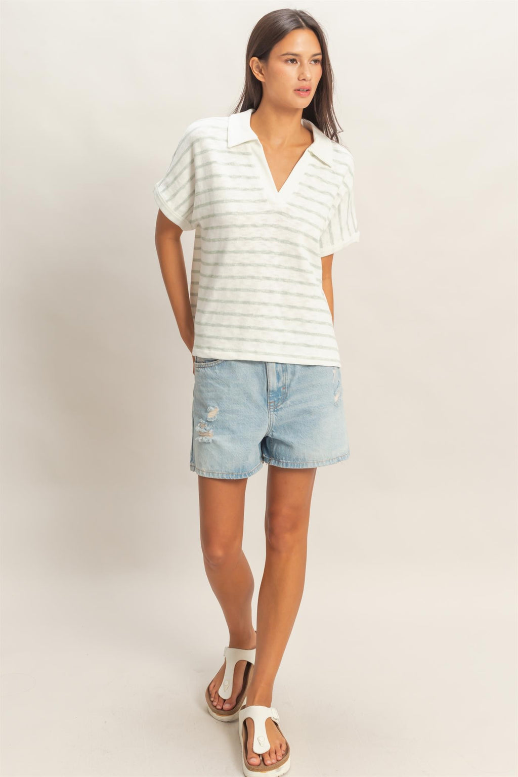 Striped Dolman Sleeve V-neck Collared Top